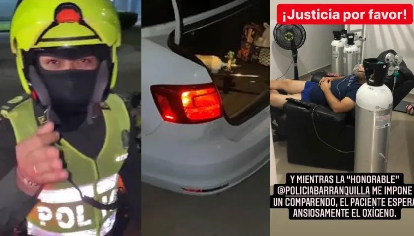 El agente que no entiende de emergencia/ el carro con la bala de oxígeno/ y el paciente a la espera.