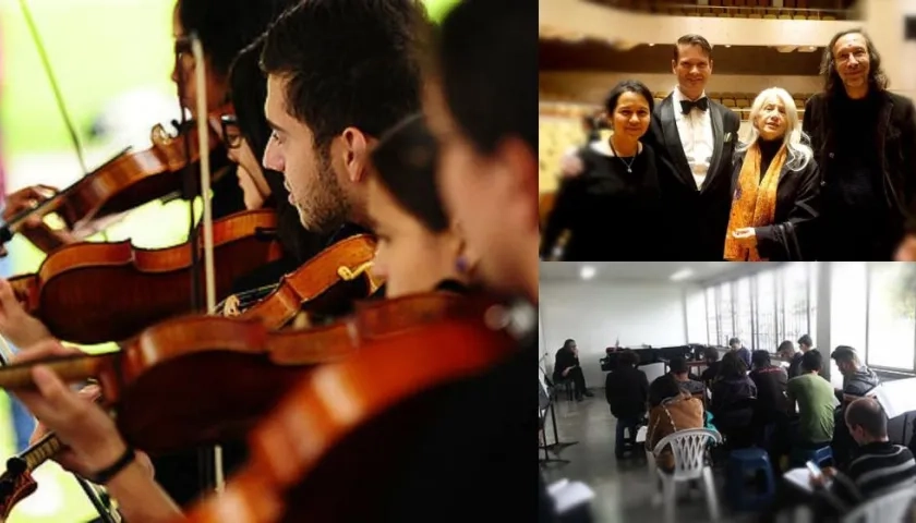 En la foto la pianista Paula Sánchez y Mariana Posada, docente; Tobías Wunderli y Thomas Mattenberger.