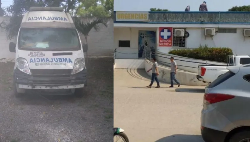 Una de las ambulancias y el hospital de Fundación.