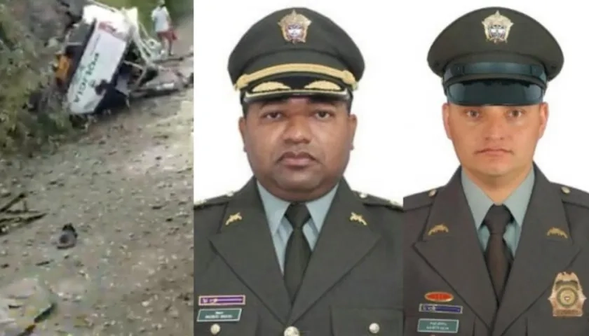 Así quedó la camioneta de la Policía tras el atentado. En la foto, los policías fallecidos, el mayor Mauricio Grosso y el patrullero Wílber Alexánder Silva.  