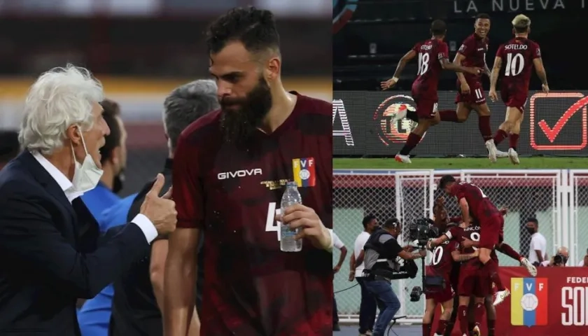 El entrenador de Venezuela, José Pékerman (i) y a la derecha jugadores de Venezuela celebran luego de anotar un gol hoy.