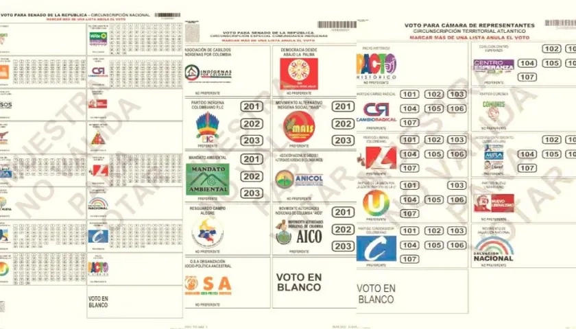 Diseño de tarjetones de Senado Nacional, Indígenas y Cámara Atlántico.