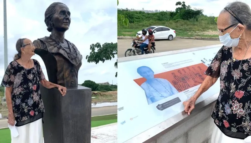 Carmen Mejía Lavalle frente al monumento de su madre en la Ventana de Campeones.