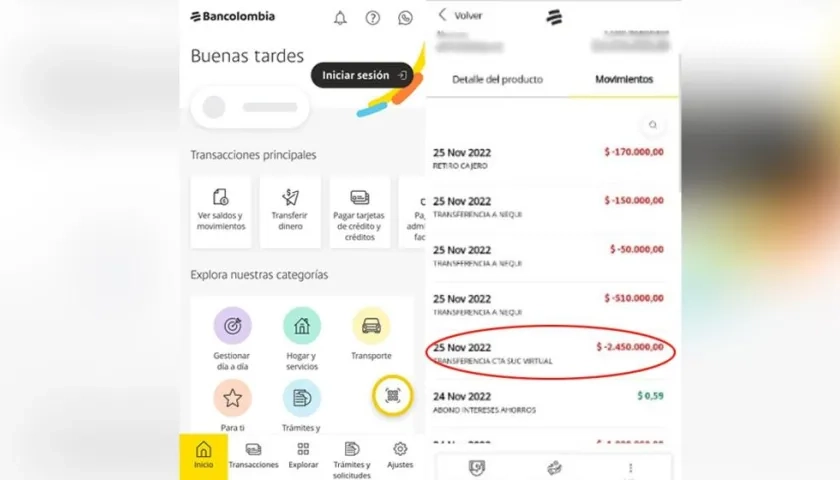 La transferencia fraudulenta se la realizaron a Luis Fernando por la Sucursal Virtual o APP de Bancolombia. 