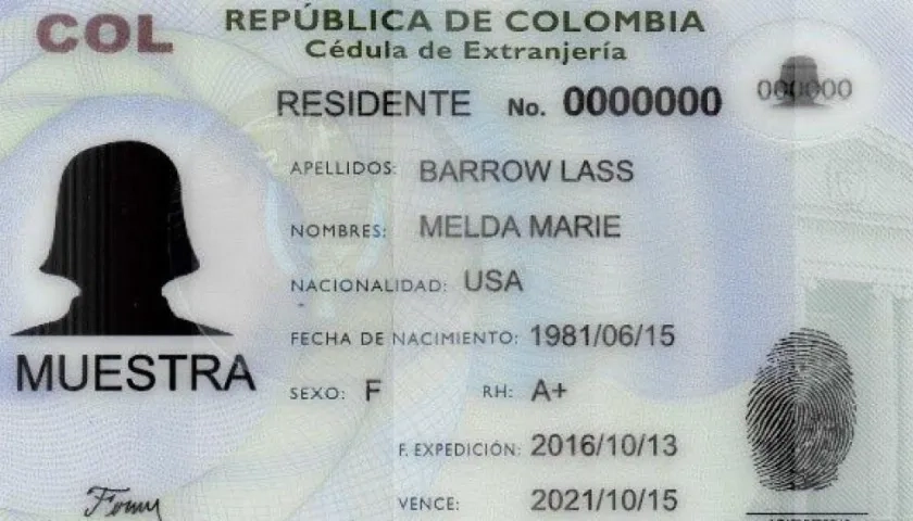 Modelo de cédula de extranjería con categoría de residente en Colombia