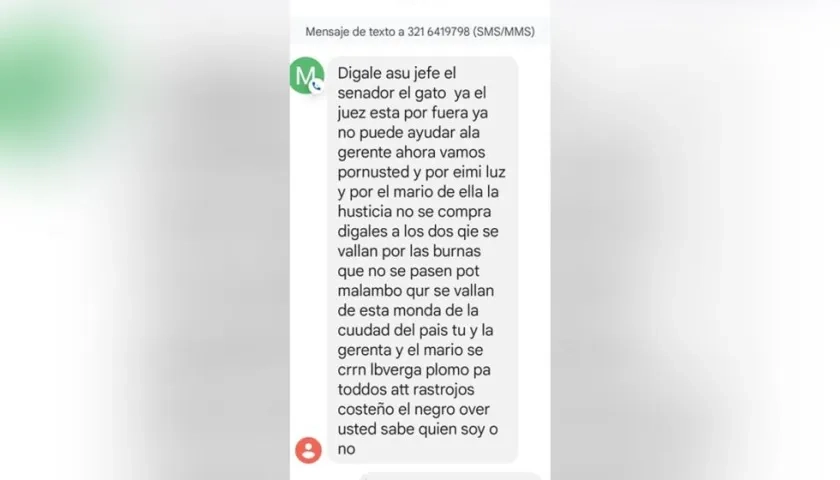 Mensaje de texto enviado por Ruth Fedelima Góngora.