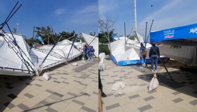 Así quedaron varias de las carpas por efectos de la fuerte brisa.