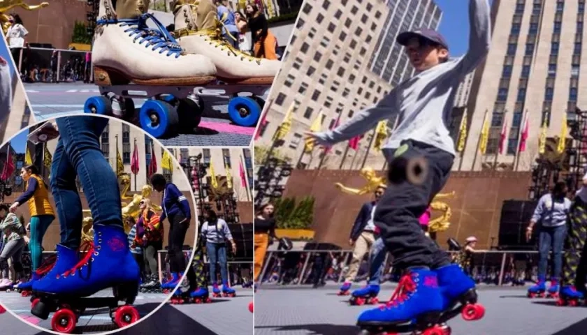 Patinadores durante la jornada inaugural de la nueva pista de patinaje sobre ruedas del Rockefeller Center denominada 'Flipper's Roller Boogie Palace' en Nueva York.