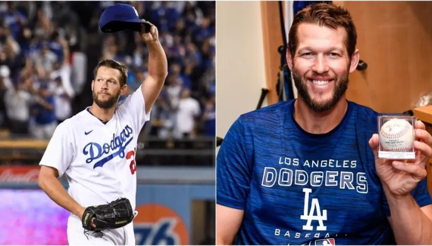 Clayton Kershaw tras el ponche y con la bola con la que logró el récord. 