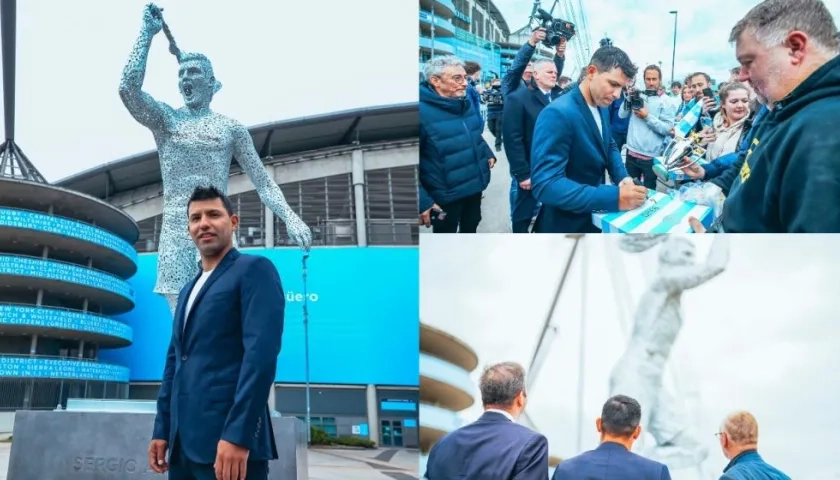 Imágenes de la estatua y de Sergio Agüero.