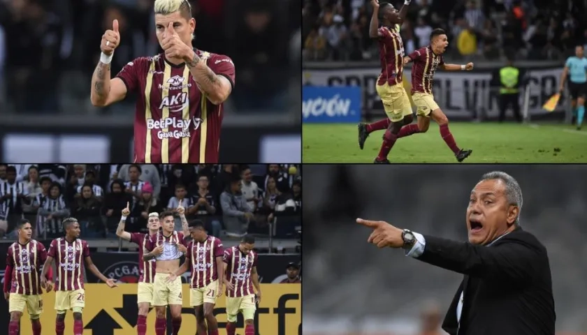 Jugadores de Tolima celebran un gol Michael Rangel (arriba) hoy, en un partido de la Copa Libertadores entre Atletico Mineiro y Deportes Tolima en el estadio Mineirao en Belo Horizonte (Brasil). 