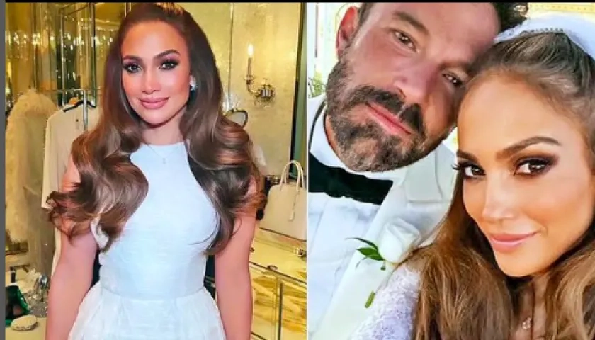 Jennifer López con uno de los vestidos que usó. En la otra foto después de la ceremonia junto a su esposo Ben Afleck.