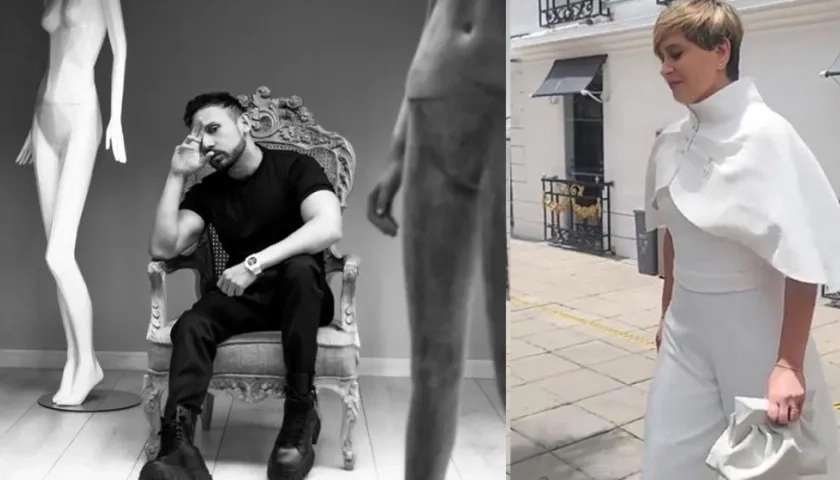 El diseñador sincelejano Virgilio Madinah y la primera dama Verónica Alcocer con el diseño que lució el día de la posesión.