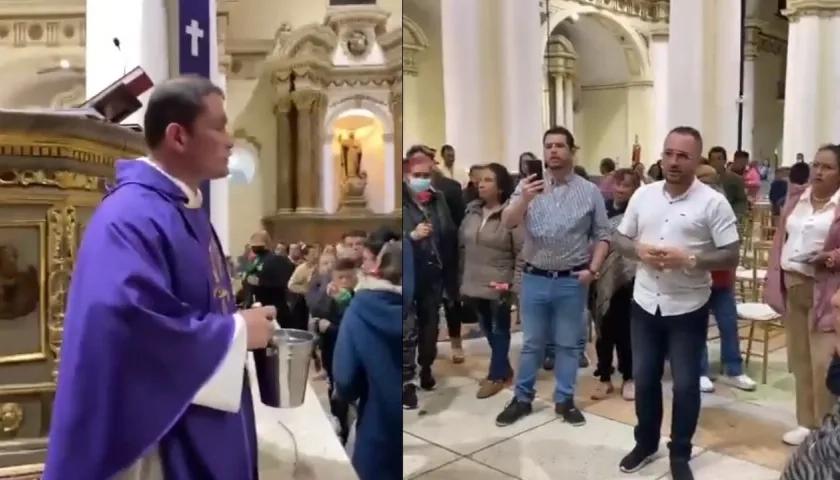 Fray Fernando Piña al término de la homilía. En la siguiente foto, fieles paisas le reclamaron por lo afirmado en la misa.