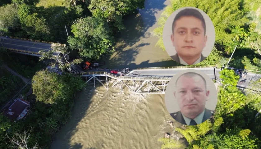 El puente colapsado y los dos policías fallecidos, Jose David Márquez Floréz y Nelson Fabian Salgado Pérez