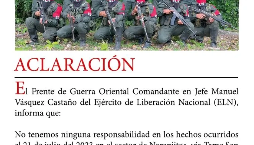 Comunicado del Frente de Guerra Oriental del ELN sobre atentado en Arauca