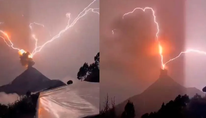 Dos escenas del volcán de fuego em Guatemala en plena caída de los rayos