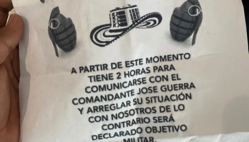 Panfleto de extorsión de 'Los Costeños'.