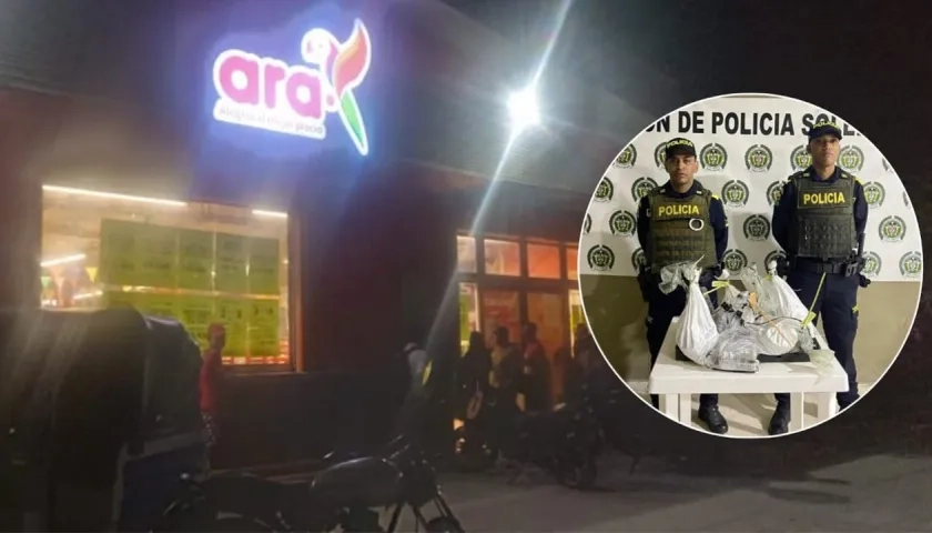 Fachada de la tienda ARA asaltada y el dinero recuperado. 