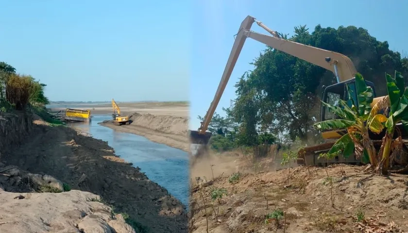 La maquinaria amarilla trabajando en el brazo del río a la altura de Campo de la Cruz