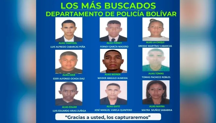 El cartel de los delincuentes más buscados en Bolívar. 