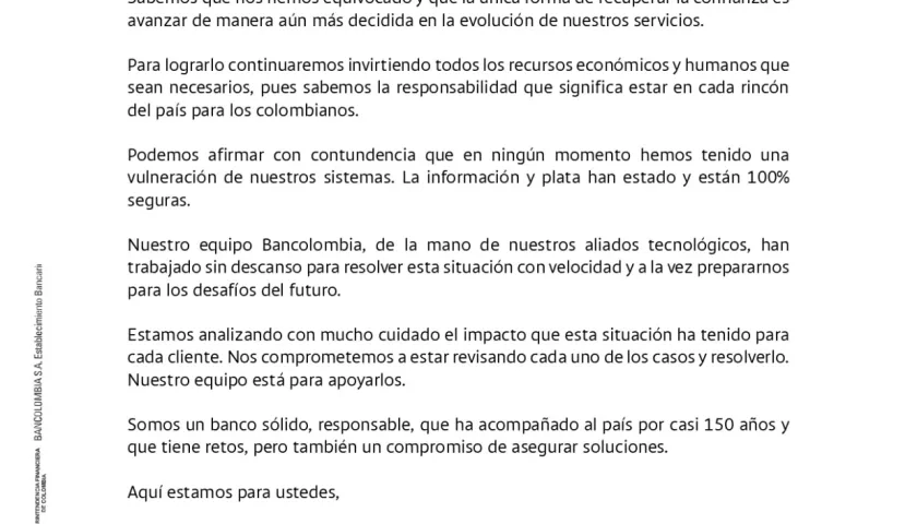 Carta de Bancolombia a los usuarios.