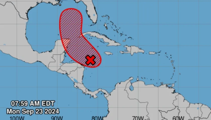 Franja roja donde se espera que transite la depresión tropical en formación. 