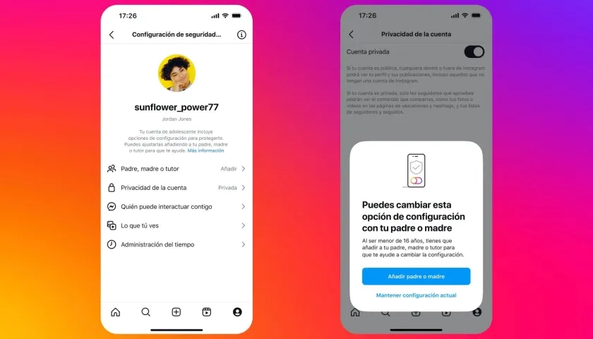 Interfaz de configuración de seguridad de una Cuenta de Adolescente en Instagram.