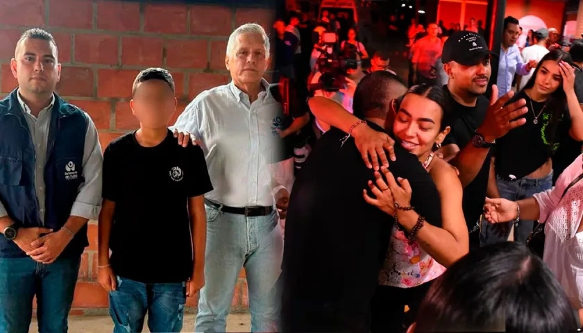 El niño Lyan José Hortúa con funcionarios de la Defensoría / Familiares del pequeño celebrando la liberación. 
