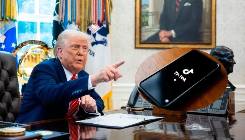 El Presidente de Estados Unidos, Donald Trump/ Logo de la aplicación TikTok en la pantalla de un teléfono.