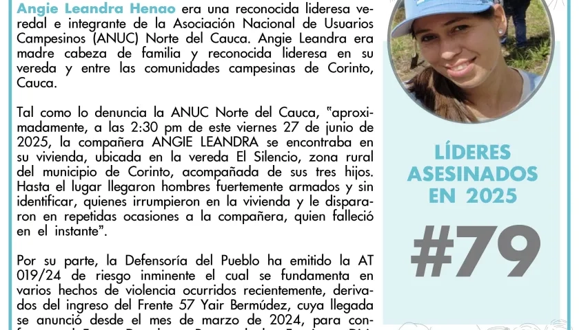 Indepaz informando la muerte de Angie Leandra Henao 