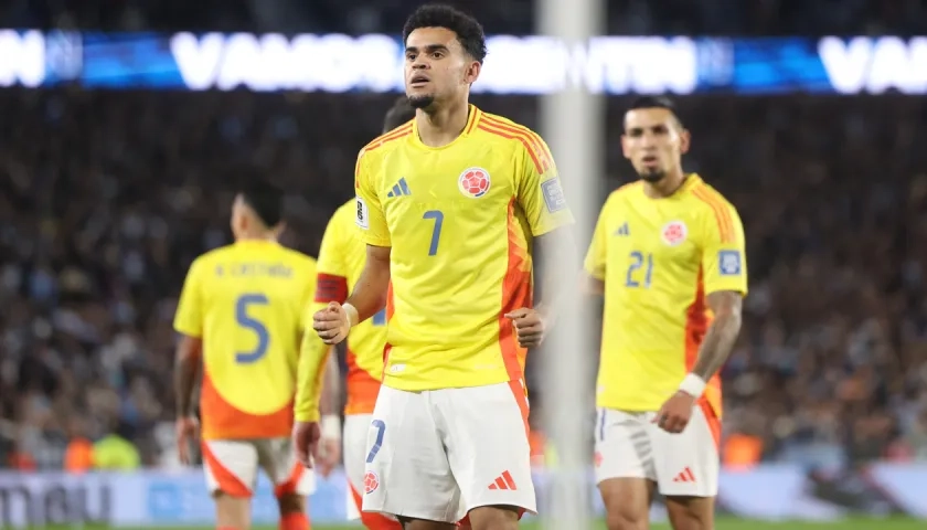Luis Díaz celebra su gol contra Argentina, séptimo en la Eliminatoria. 