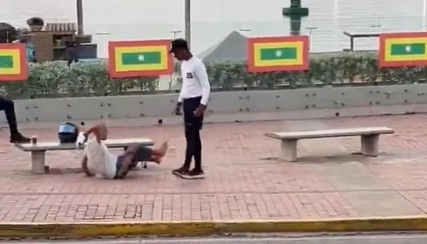 Funcionario de Distriseguridad al agredir a la habitante de la calle.