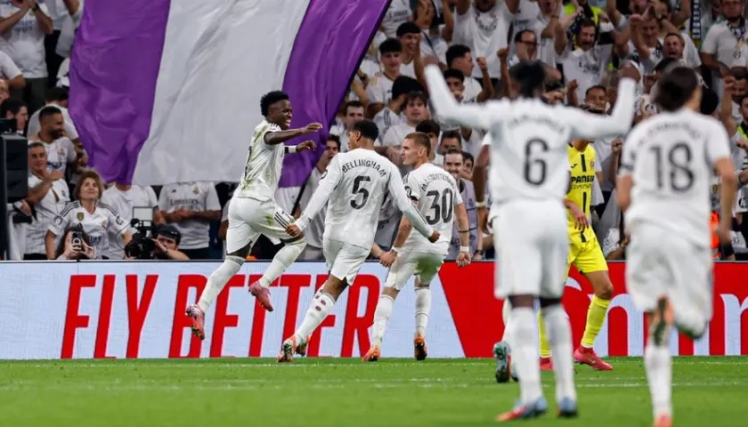 Celebración de los jugadores del Real Madrid tras uno de los goles.