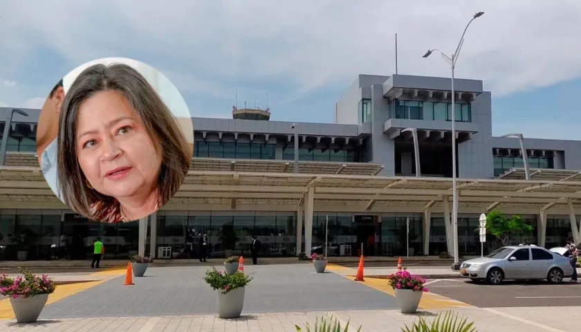 Fachada del aeropuerto Ernesto Cortissoz y la ministra María Fernanda Rojas (círculo).