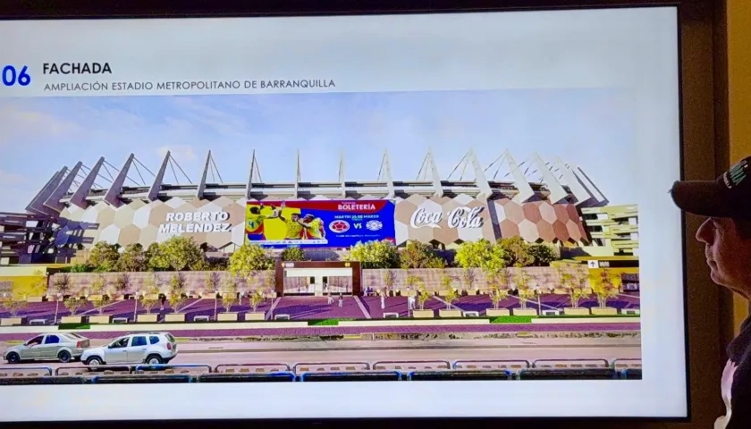 El alcalde Alejandro Char y la fachada que presentará el estadio Metropolitano tras su remodelación.