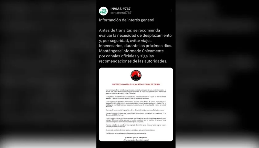 Post publicado en la cuenta adscrita al Invías y que generó la polémica. 