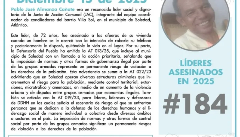 Pablo José Almanza, asesinado en el barrio Villa Sol, en Soledad. 