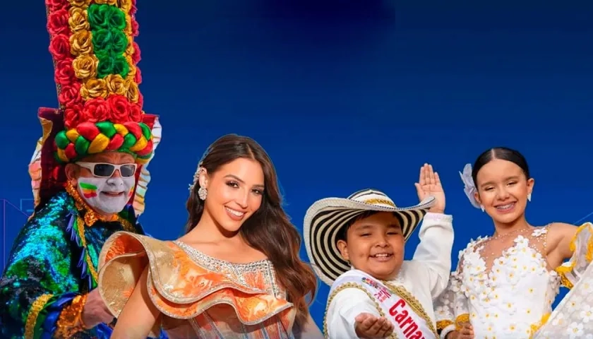 Adolfo Maury, Rey Momo; Michelle Char, Reina del Carnaval, y Reyes Infantiles, Joshua Ortiz y Sharon Acosta. 