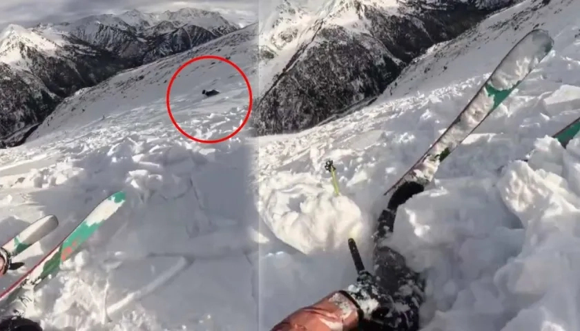 Momento en que la avalancha arrastraba a la mujer y a su mascota. 