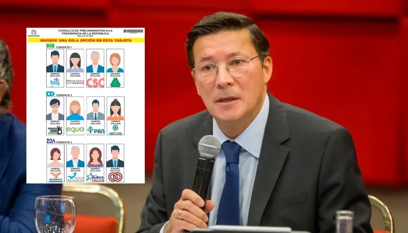 La tarjeta electoral y el registrador Hernán Penagos.