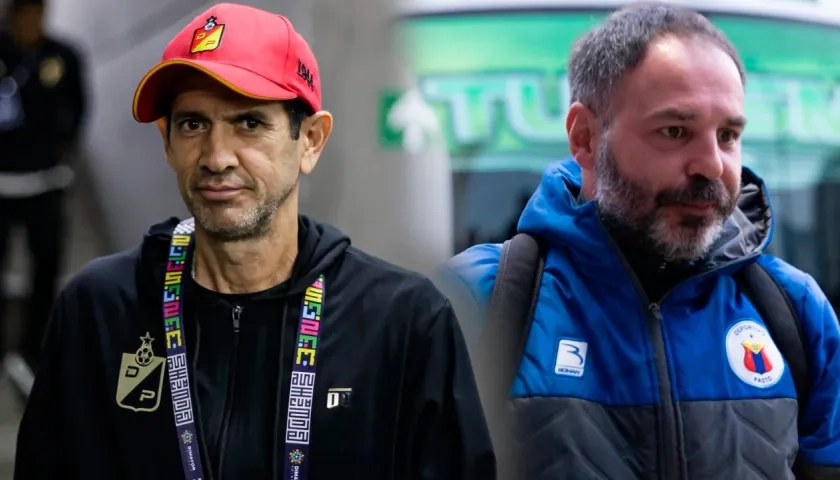 Arturo Reyes, técnico del Pereira, y Jonathan Risueño, entrenador del Pasto.