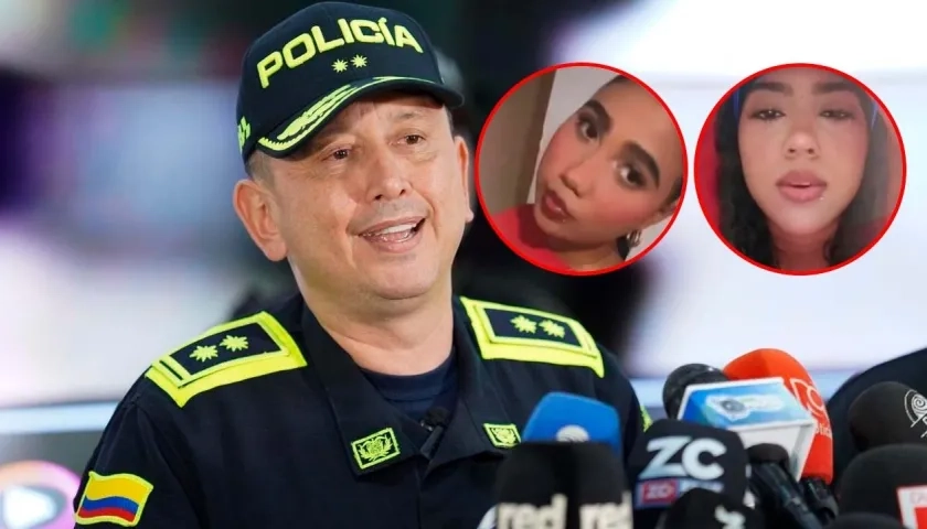 Comandante de la Policía Metropolitana de Barranquilla, Miguel Camelo, y las hermanas Cheridan y Keyla Hernández.