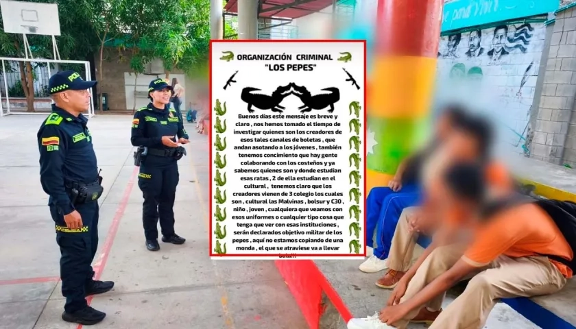 Imagen de una visita de la Policía a uno de los colegios y del panfleto.