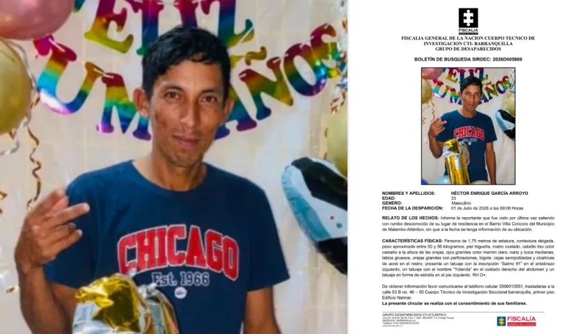 El hombre reportado como desaparecido responde al nombre de Héctor Enrique García Arroyo, de 33 años.