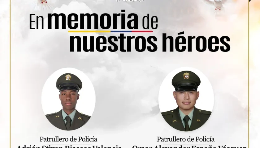 Adrián Stiven Riascos Valencia y Omar Alexander España Vásquez, los dos policías fallecidos. 