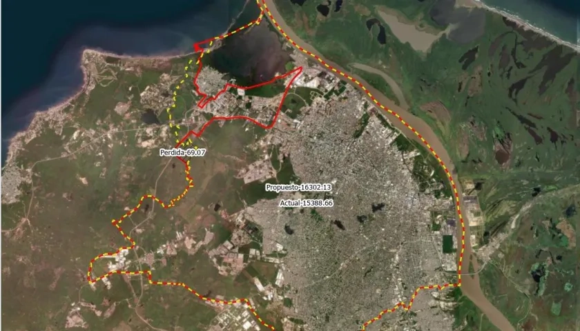 La línea roja correponde a lo propuesto por el Distrito de Barranquilla y la línea amarilla, la de Puerto Colombia.