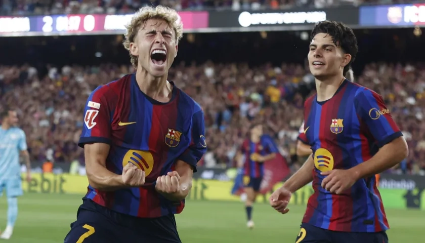 El festejo de Fermín tras marcar el segundo gol del Barcelona. 