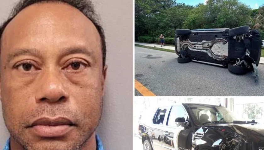 El golfista Tiger Woods y el automóvil accidentado.