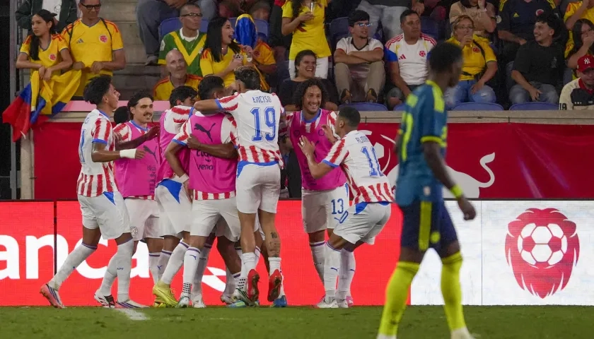 Jugadores de Paraguay celebran el gol de Hugo Benítez